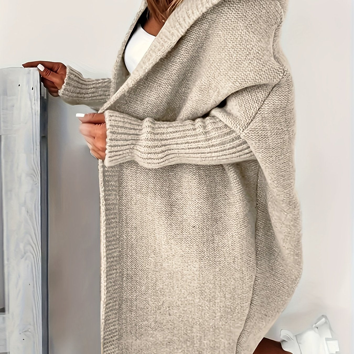 Sixsr Plus Size Casual Cardigan, Women's Plus Solid Stitching Long Sleeve Hooded Open Front Slight Stretch Sweater Cardigan