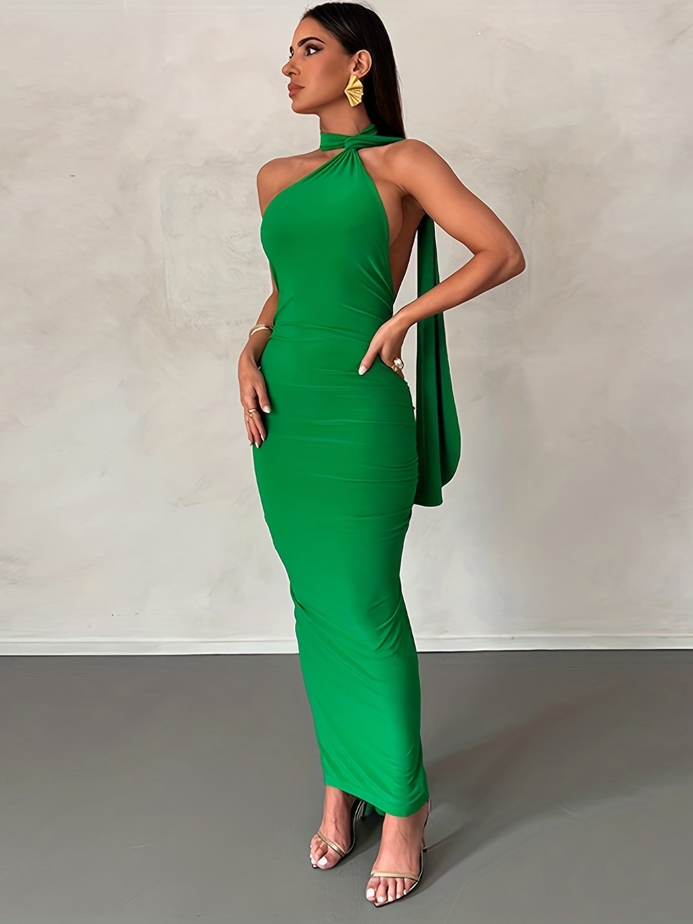 Sixsr Solid Halter Neck Dress, Sexy Backless Bodycon Ruched Sleeveless Dress, Women's Clothing