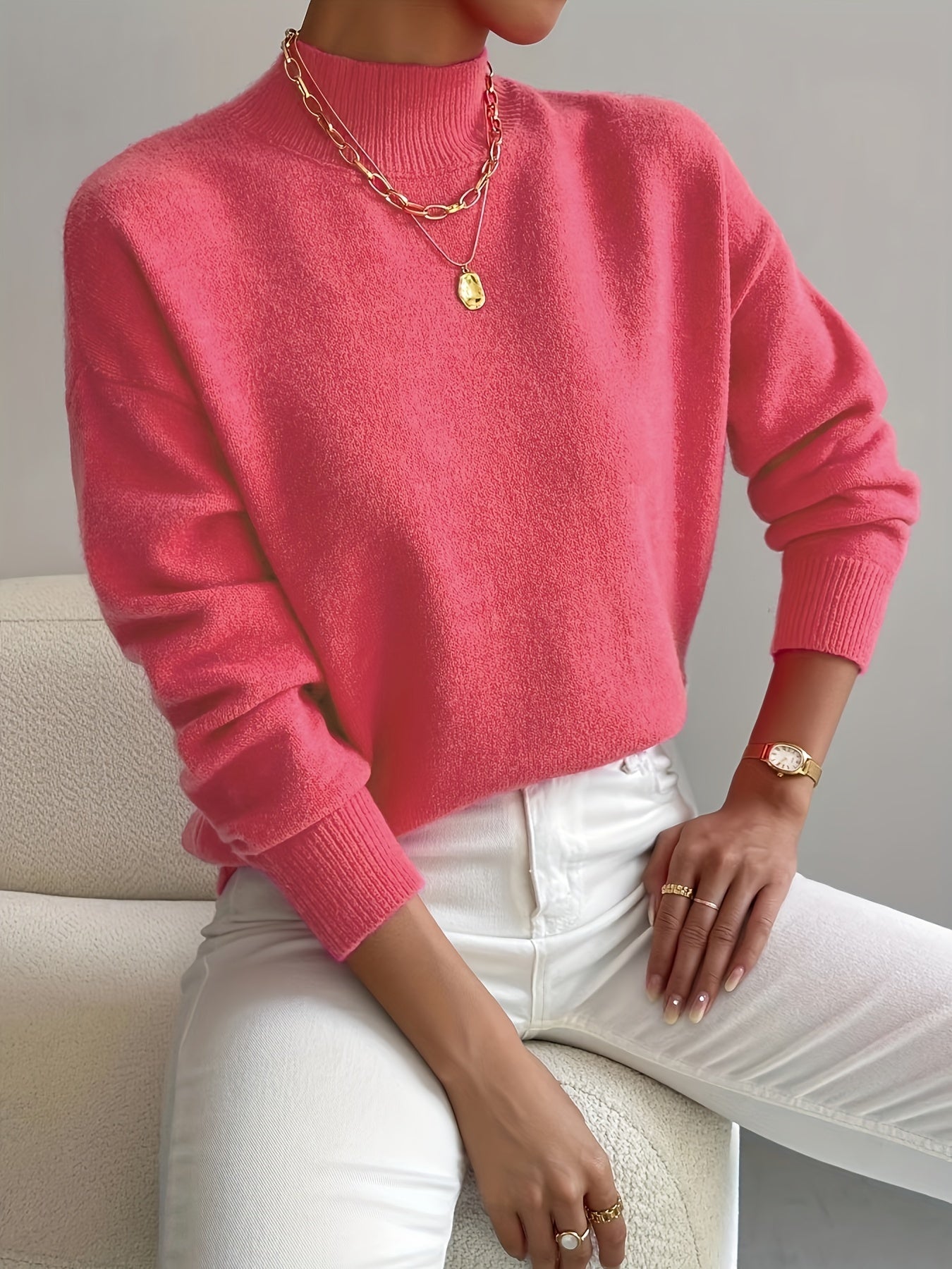 Sixsr Plus Size Casual Sweater, Women's Plus Solid Long Sleeve High Neck Medium Stretch Jumper