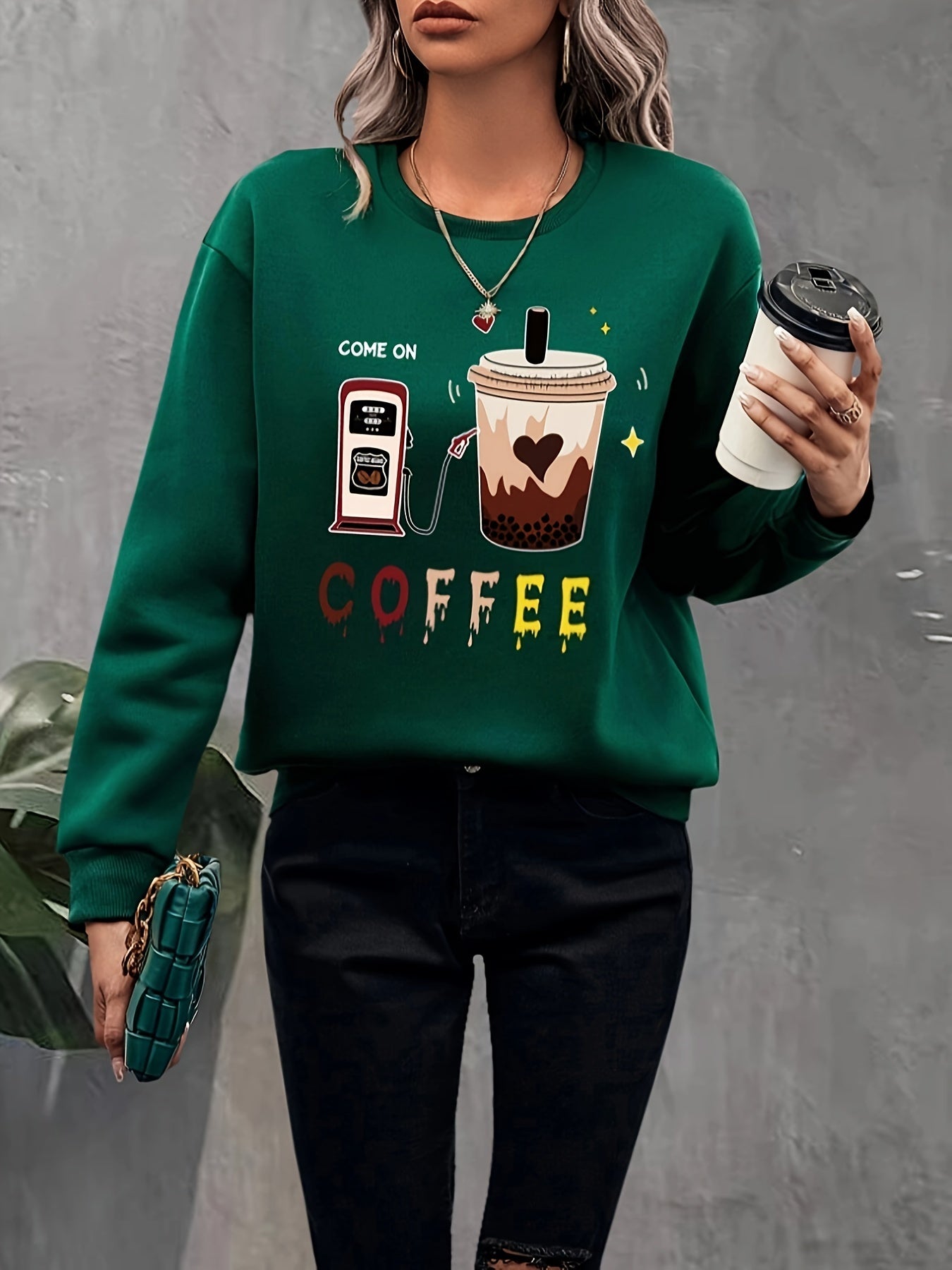 Sixsr Coffee & Letter Pattern Pullover Sweatshirt, Casual Long Sleeve Crew Neck Sweatshirt For Fall & Winter, Women's Clothing