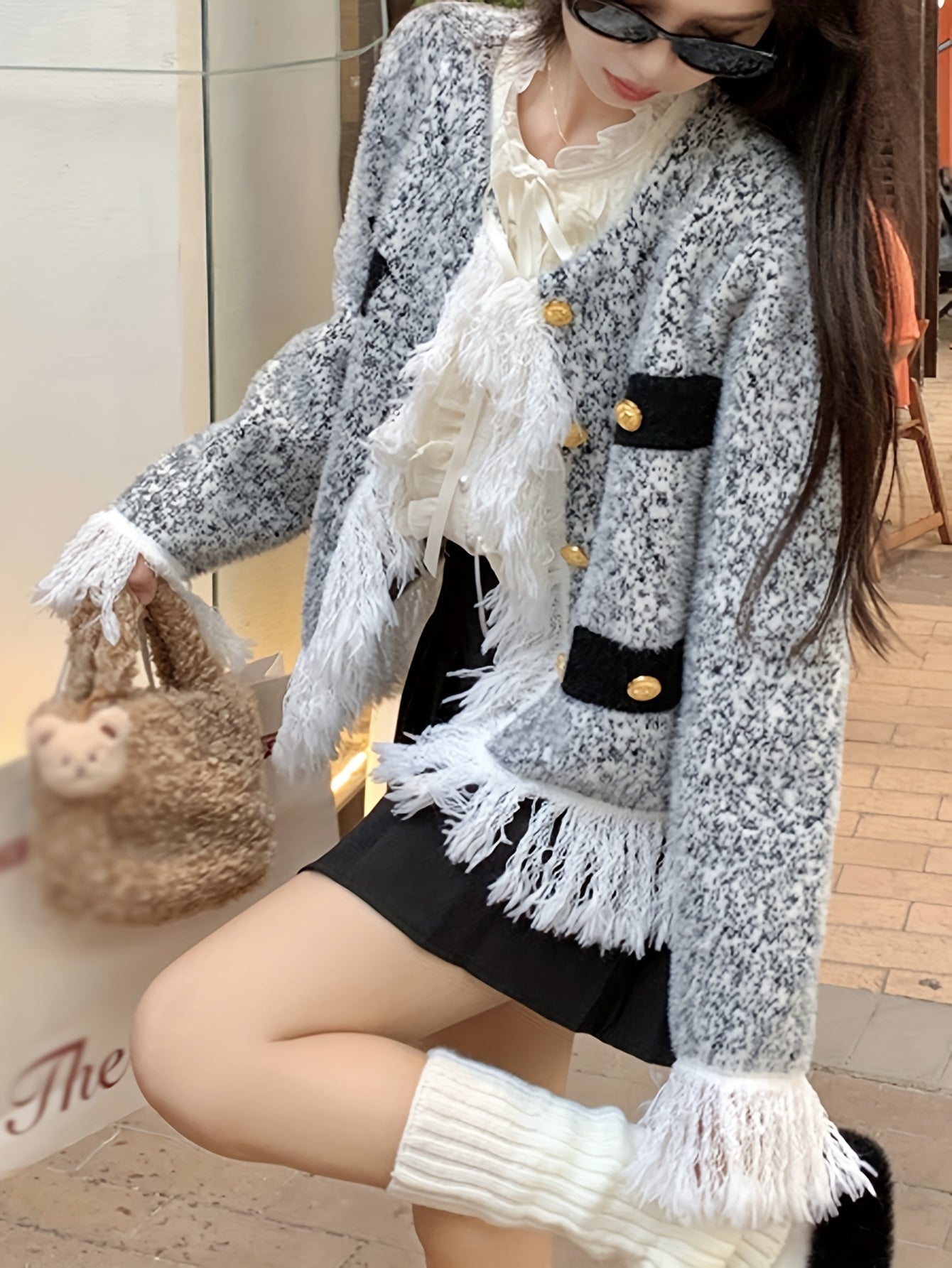 Sixsr Elegant Button Front Fringe Trim Cardigan, Long Sleeve Cardigan For Fall & Winter, Women's Clothing