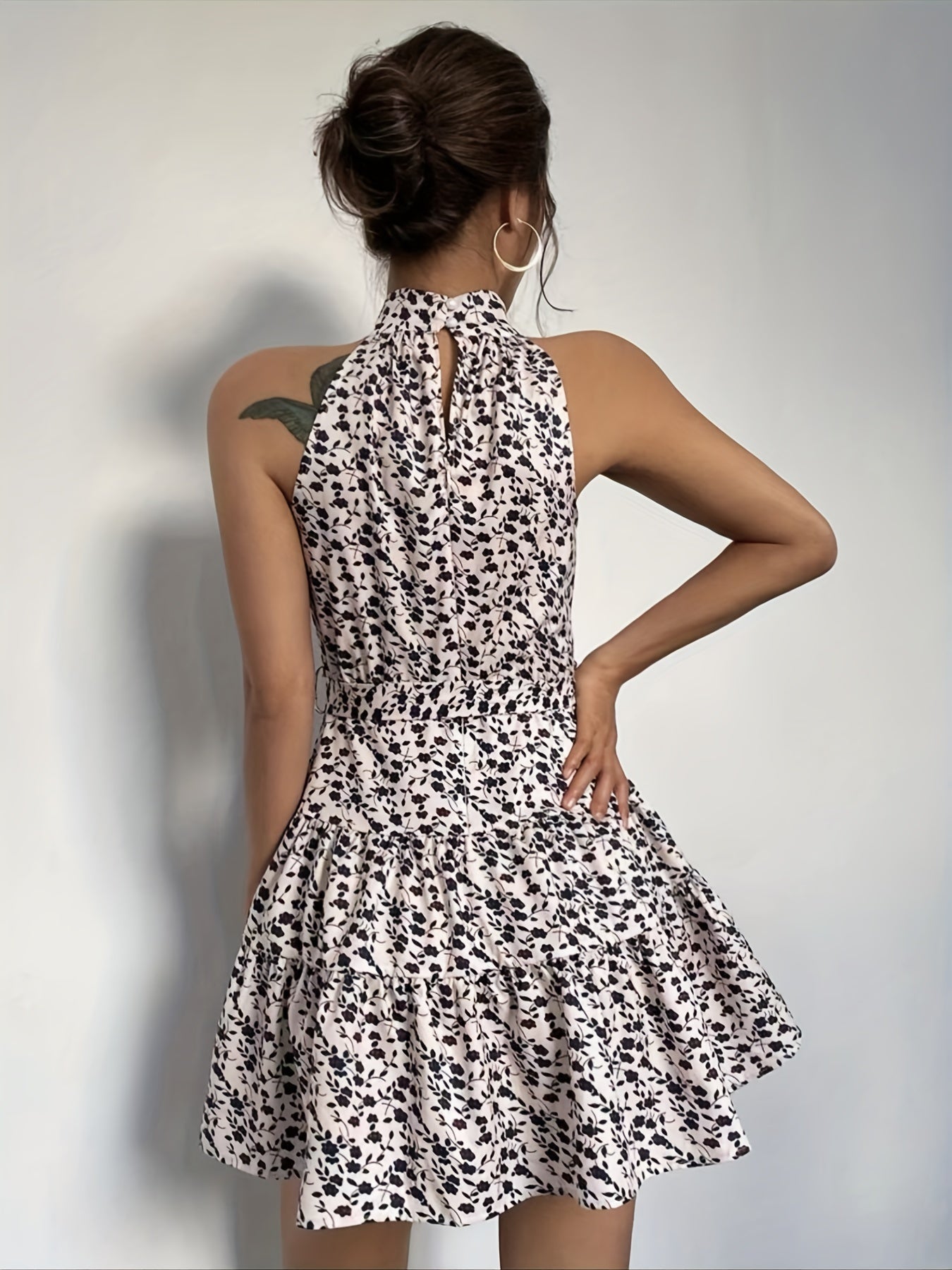 Floral Print Knotted Dress, Boho Sleeveless Ruffle Hem Dress, Women's Clothing