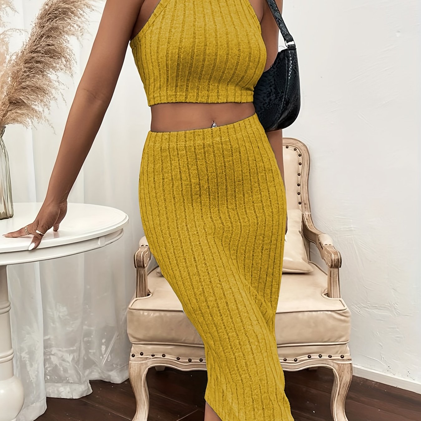 Sixsr Solid Ribbed Two-piece Set, Sleeveless Halter Crop Top & Bag Hip Mini Skirts Outfits, Women's Clothing