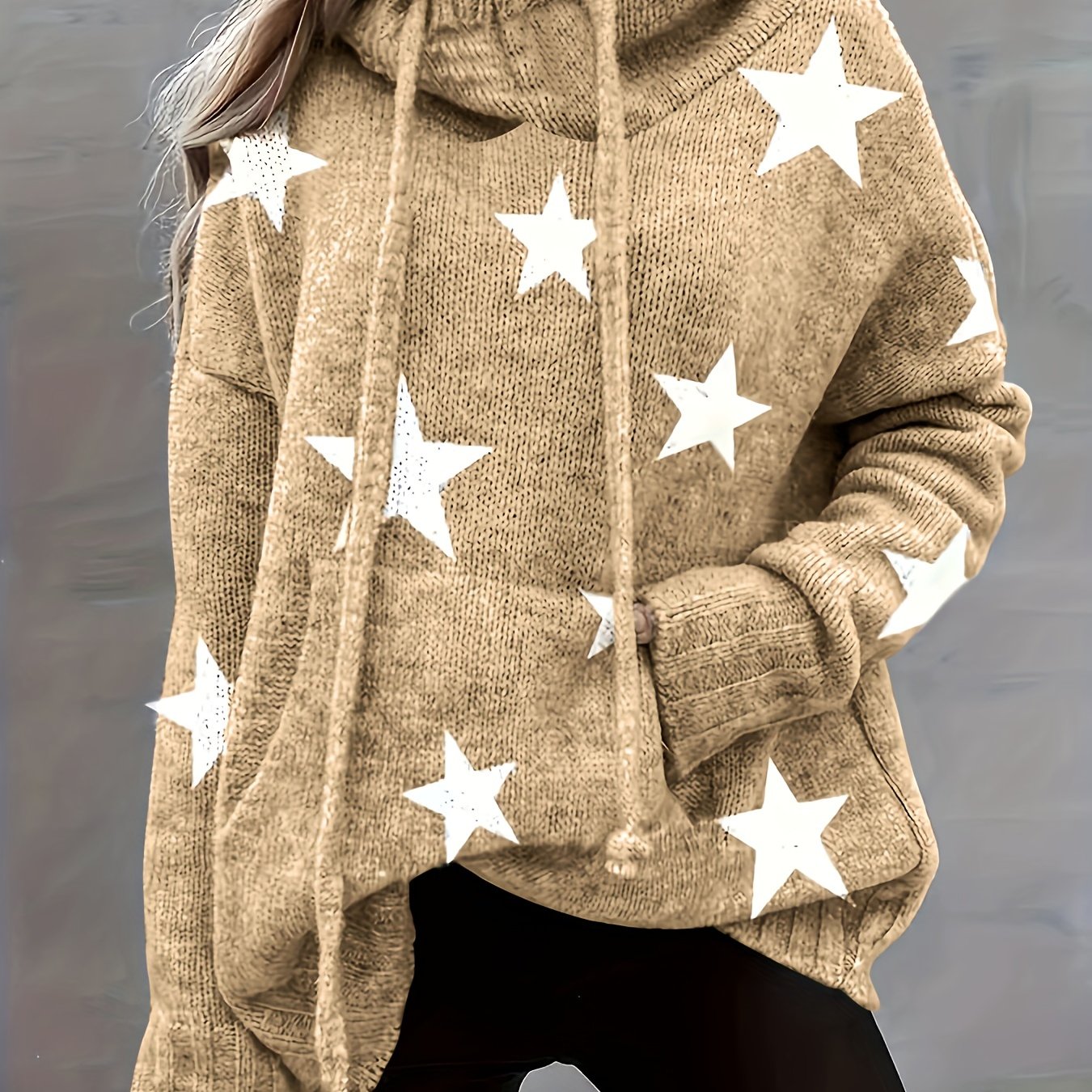 Sixsr Plus Size Casual Sweater, Women's Plus Star Print Long Sleeve Drawstring Hoodie Sweater With Pockets