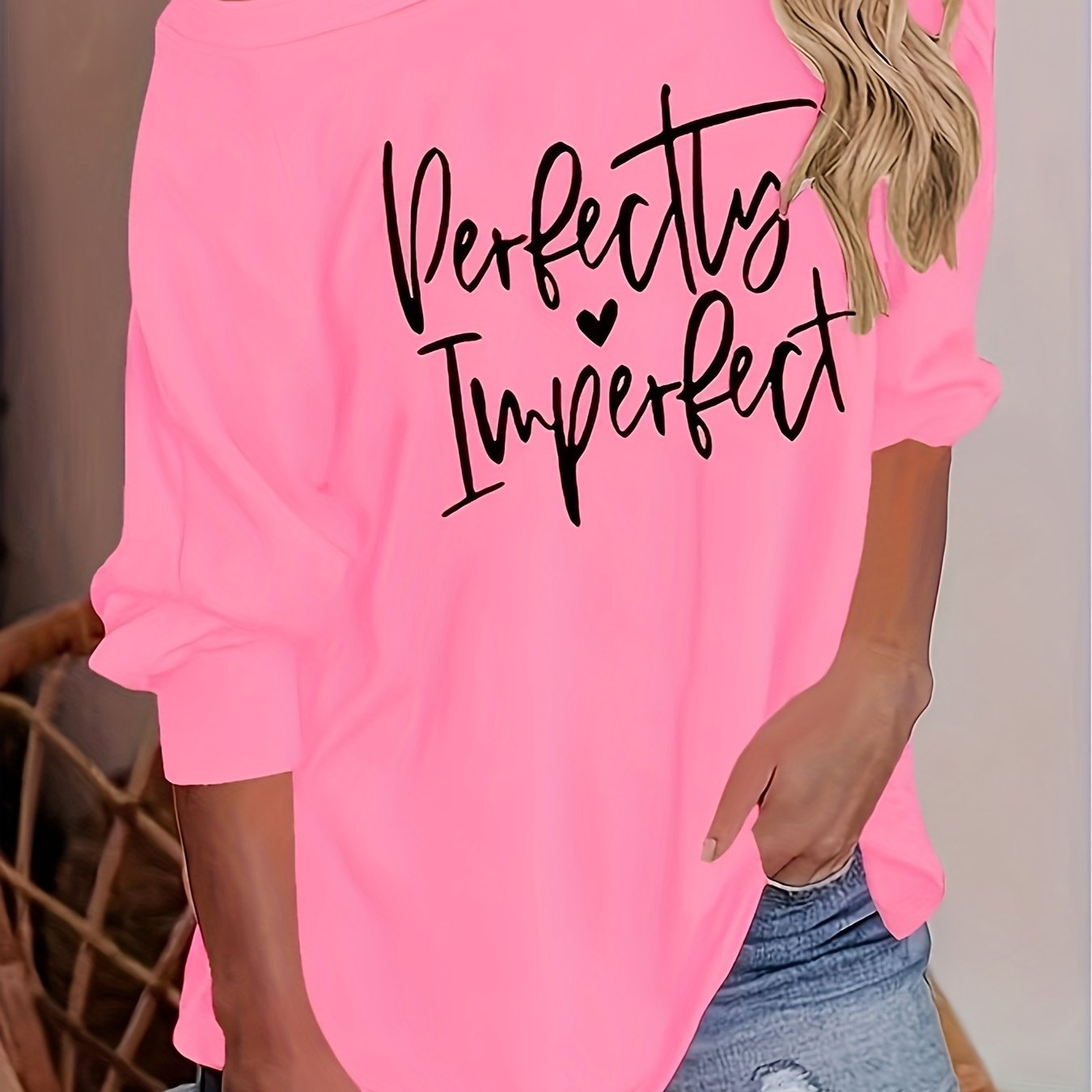 Sixsr Letter Print Raglan Long Sleeve T-Shirt, Casual Crew Neck T-Shirt For Spring & Fall, Women's Clothing