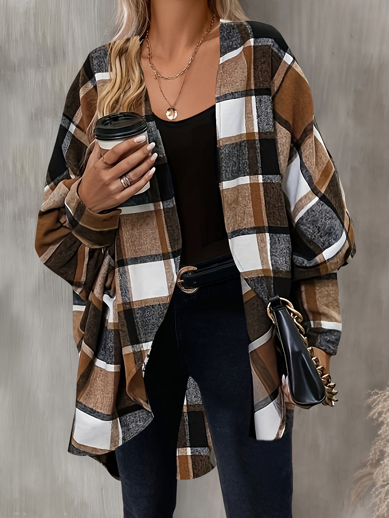 Sixsr Plaid Print Open Front Cardigan, Batwing Cuff Sleeve Dipped Hem Cardigan For Spring & Fall, Women's Clothing