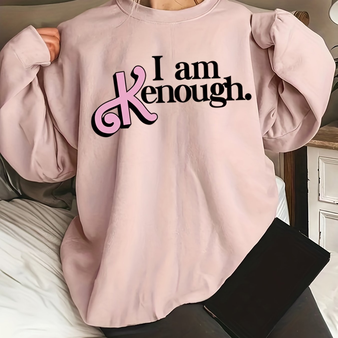 Sixsr Plus Size Halloween Casual Sweatshirt, Women's Plus Slogan Print Long Sleeve Round Neck Sweatshirt