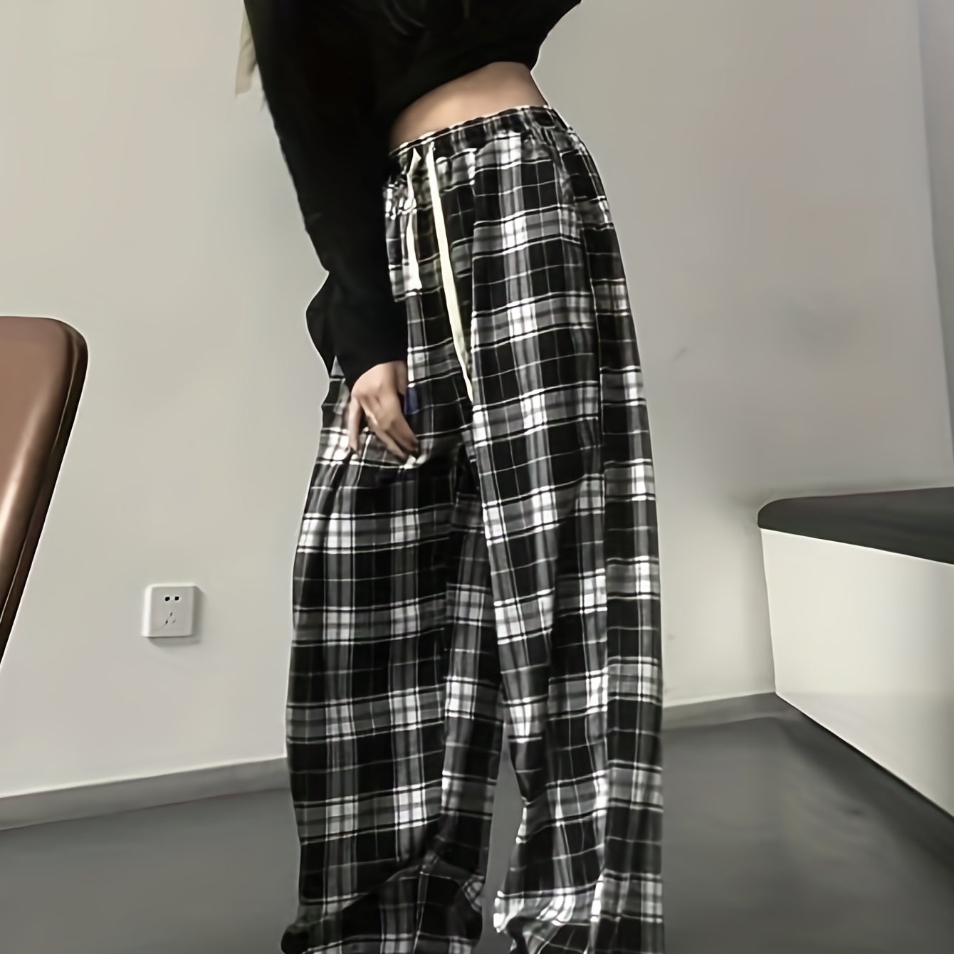 Sixsr Plaid Drawstring Straight Leg Pants, Casual Loose Pants For Spring & Fall, Women's Clothing