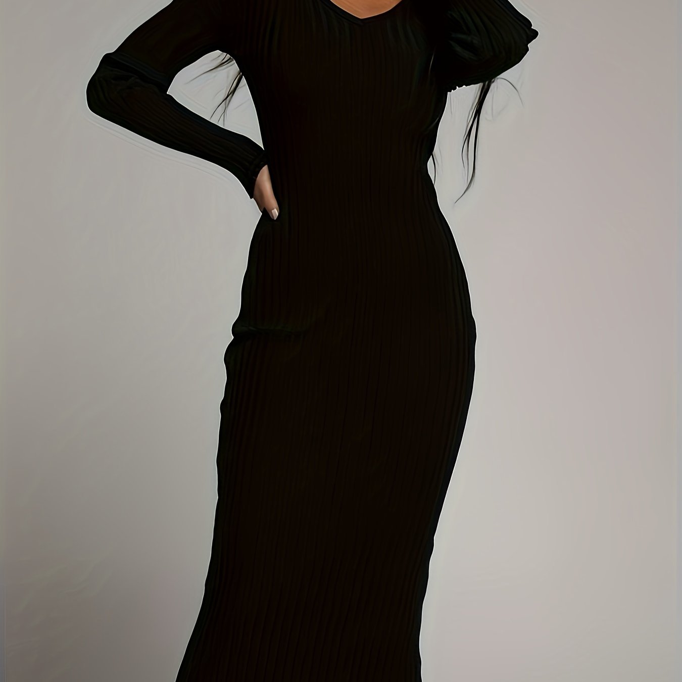 Sixsr Bodycon V-neck Solid Dress, Long Sleeve Dress For Spring & Fall, Women's Clothing
