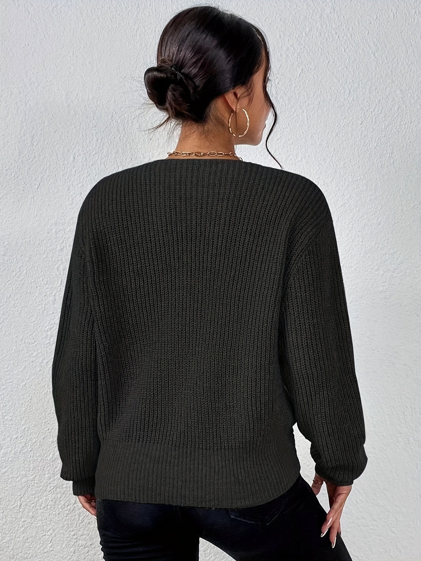 Sixsr Solid V Neck Twist Dipped Hem Pullover Sweater, Casual Long Sleeve Sweater For Spring & Fall, Women's Clothing