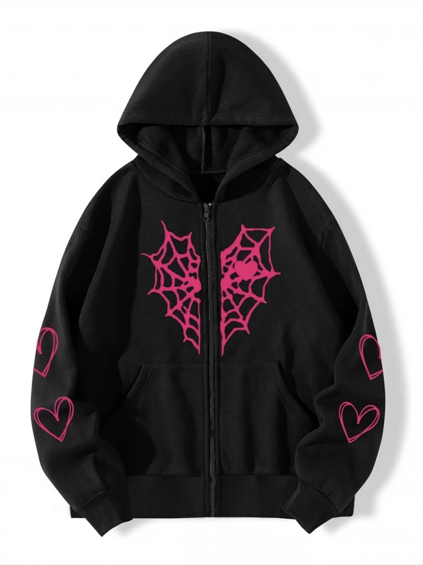 Sixsr Spider Web Heart-shaped Print Drawstring Loose Hoodies, Casual Zipper Hooded Pocket Fashion Long Sleeve Sweatshirt, Women's Clothing