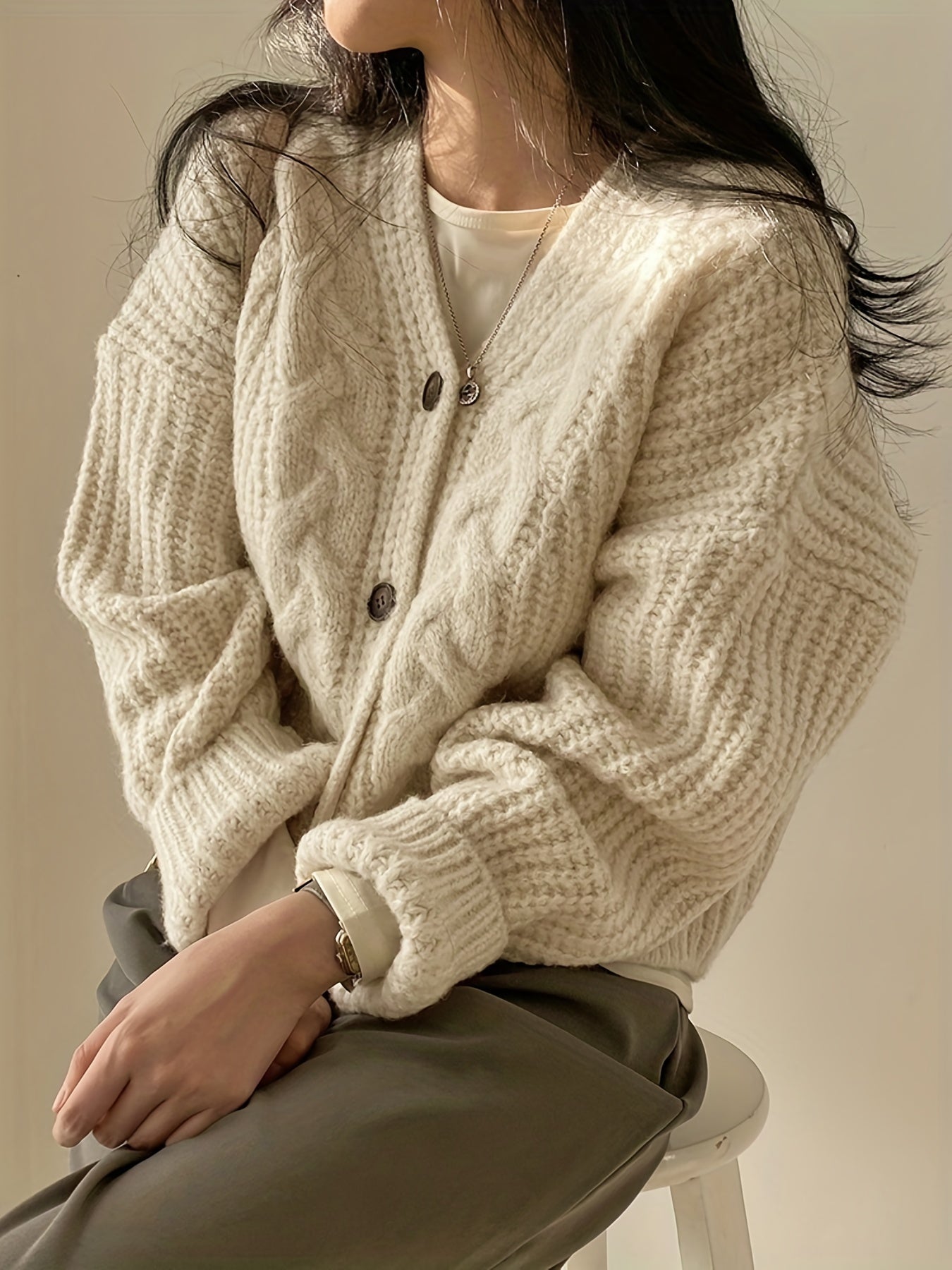 Sixsr Valentine's Day Button Front Cardigan, Vintage Long Sleeve Chunky Knit Cardigan For Fall & Winter, Women's Clothing