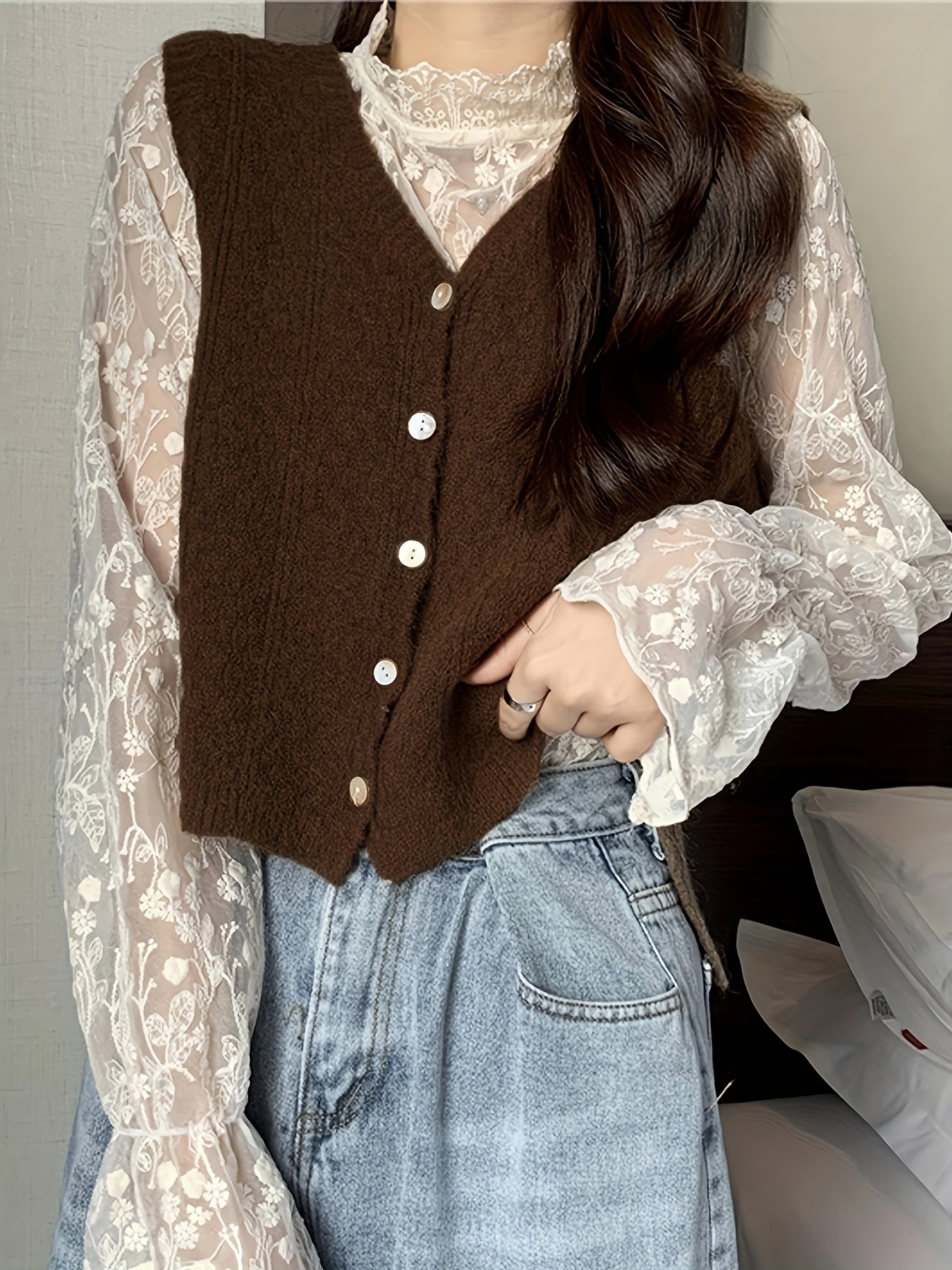 Sixsr Solid Button Down Knit Vest, Casual V Neck Sleeveless Sweater Vest, Women's Clothing