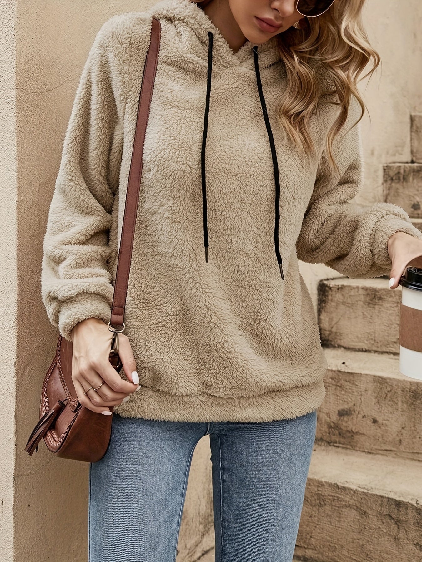 Sixsr Solid Color Drawstring Teddy Hoodie, Casual Long Sleeve Hoodie Sweatshirt, Women's Clothing