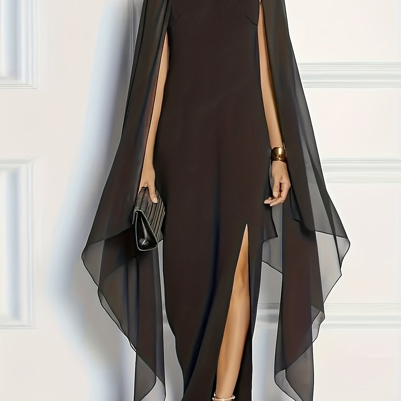 Sixsr Plus Size Elegant Bridesmaid Dress, Women's Plus High Split Flare Sleeve Slight Stretch Maxi Formal Dress With Cape