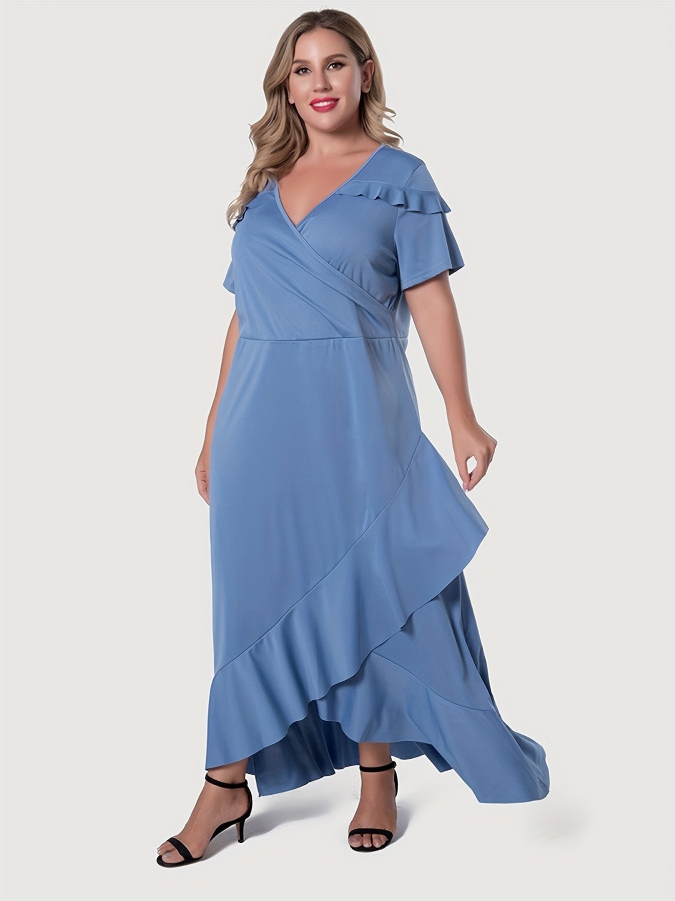 Sixsr Plus Size Elegant Dress, Women's Plus Plain Surplice Neck Ruffle Trim Short Sleeve Maxi Dress