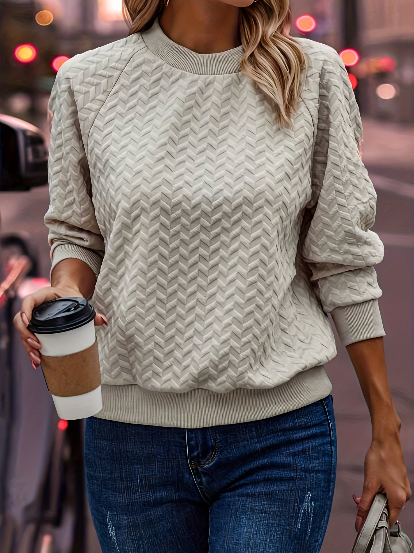Sixsr Solid Textured Crew Neck Sweatshirt, Casual Long Sleeve Raglan Shoulder Sweatshirt, Women's Clothing