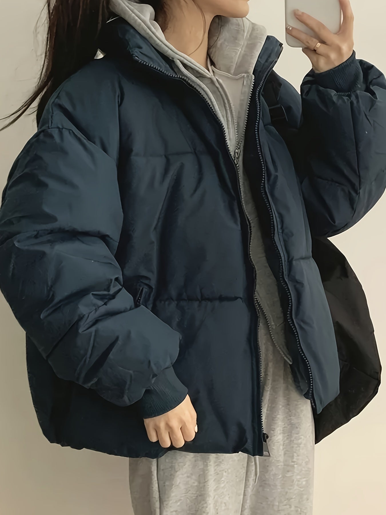 Sixsr Solid Zip Front Coat, Casual Stand Collar Long Sleeve Fall & Winter Warm Outerwear, Women's Clothing