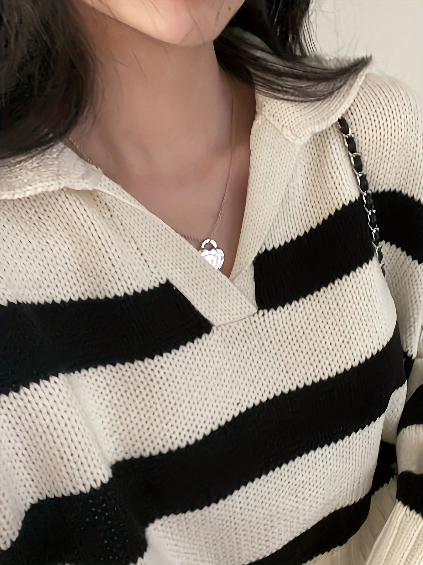 Sixsr Striped Turndown Collar Pullover Sweater, Casual Long Sleeve Loose Sweater, Women's Clothing