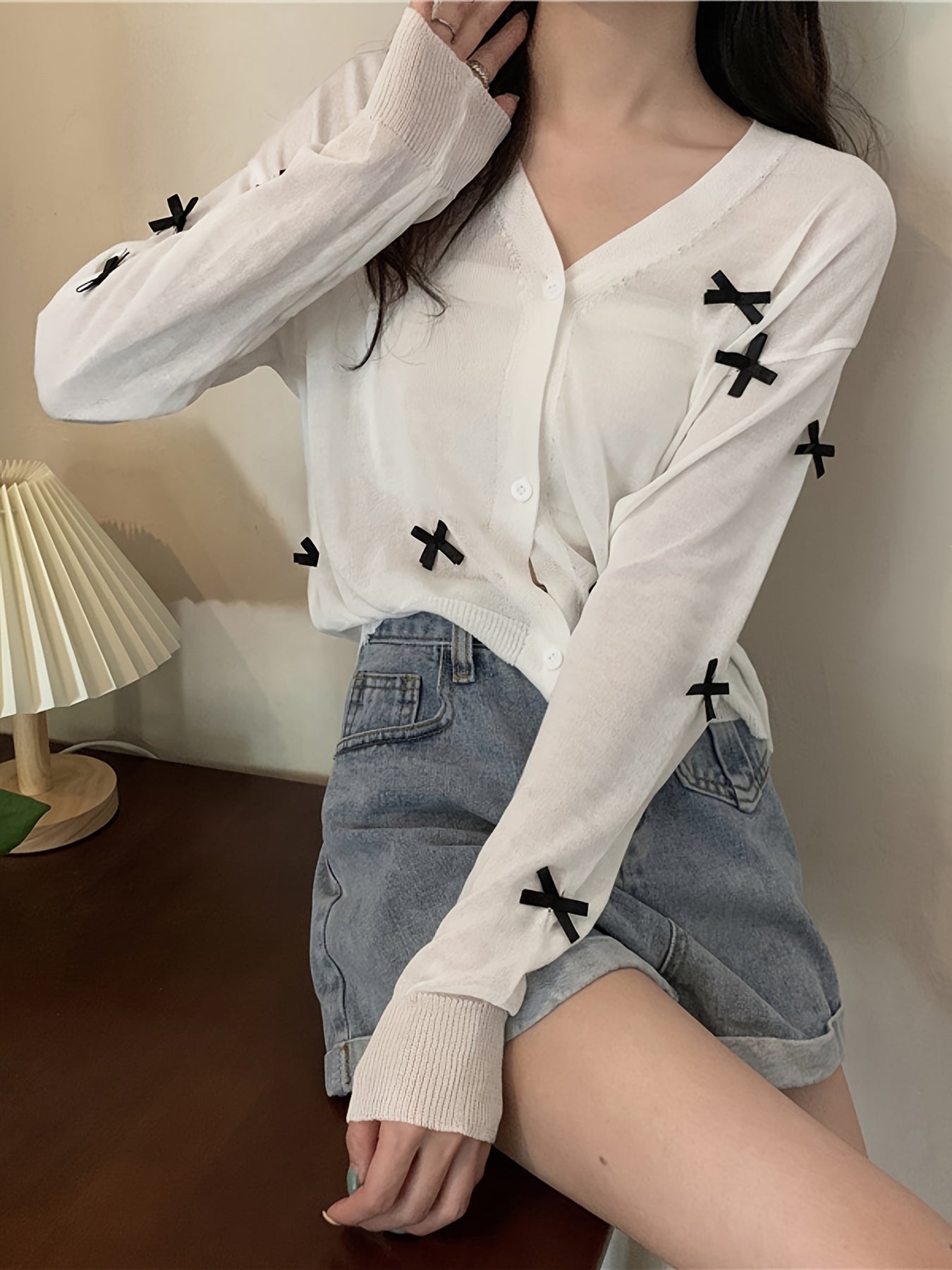 Sixsr Bow Button Front Lightweight Cardigan, Casual Long Sleeve V Neck Sweater For Spring & Fall, Women's Clothing