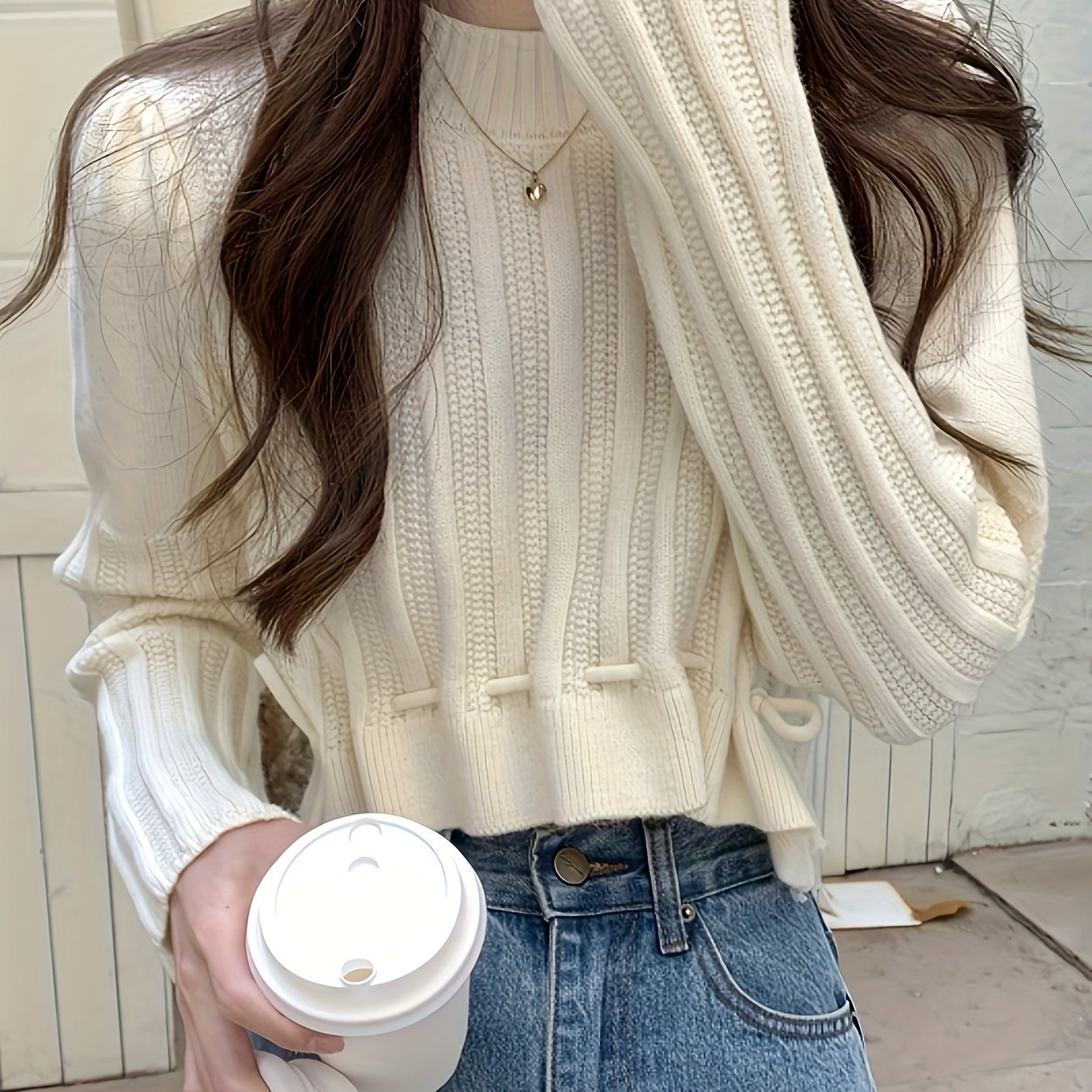 Sixsr Solid Drawstring Hem Crop Sweater, Casual Mock Neck Long Sleeve Sweater For Fall & Winter, Women's Clothing