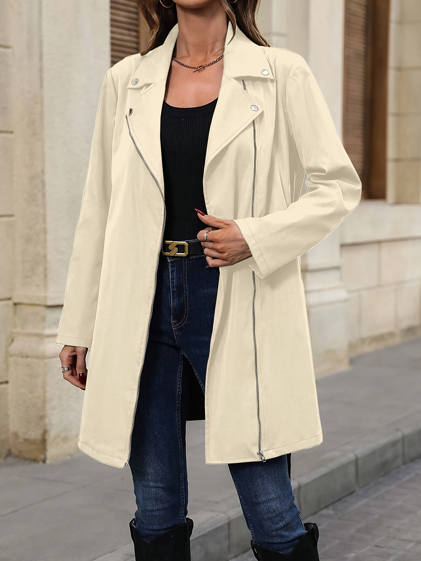 Sixsr Solid Color Open Front Trench Jacket, Elegant Lapel Neck Zipper Long Sleeve Button Jacket, Women's Clothing