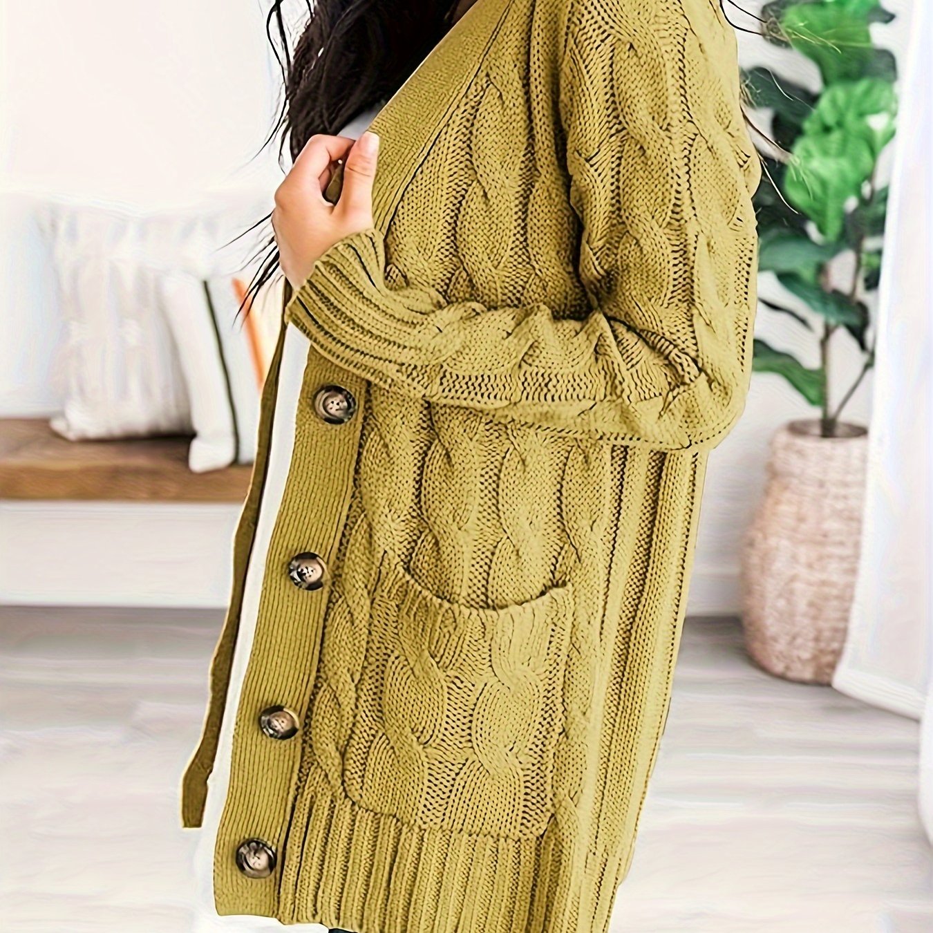 Sixsr Cable Knit Button Front Cardigan, Casual Solid Long Sleeve Cardigan For Fall & Winter, Women's Clothing