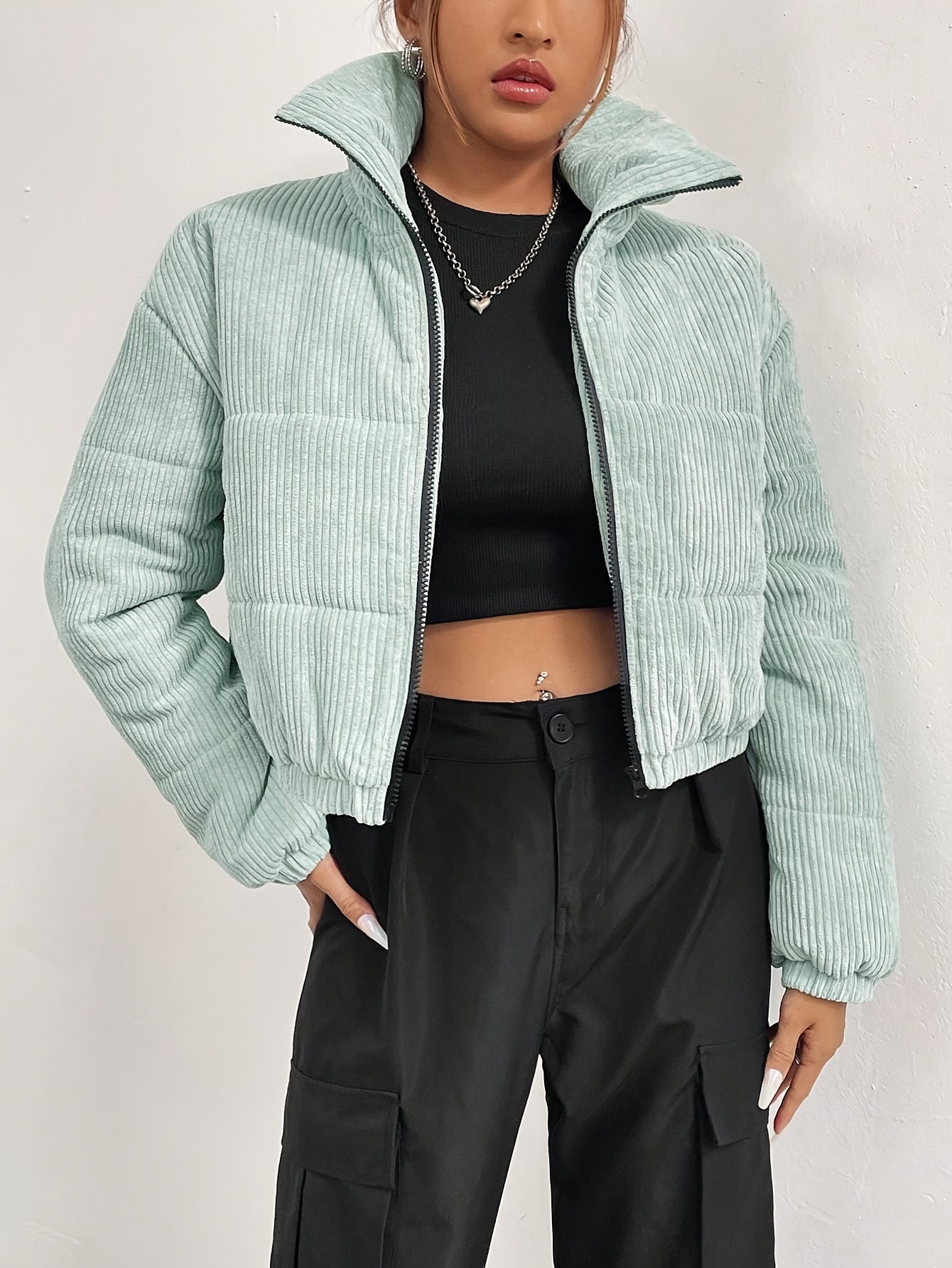 Sixsr Zip Front Stand Collar Coat, Casual Long Sleeve Winter Warm Outerwear, Women's Clothing