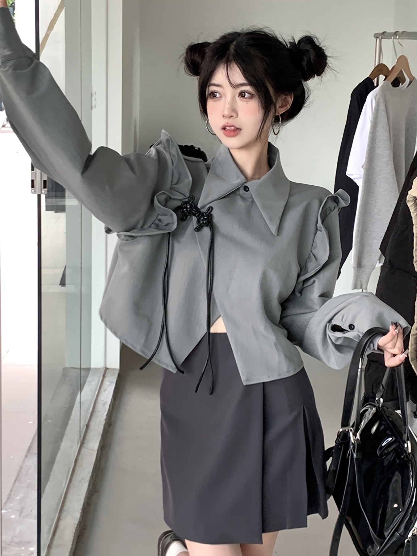 Sixsr Solid Asymmetrical Hem Blouse, Casual Ruffle Trim Long Sleeve Blouse For Spring & Fall, Women's Clothing
