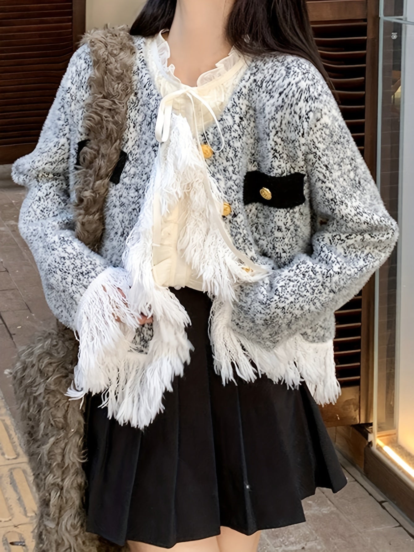 Sixsr Elegant Button Front Fringe Trim Cardigan, Long Sleeve Cardigan For Fall & Winter, Women's Clothing