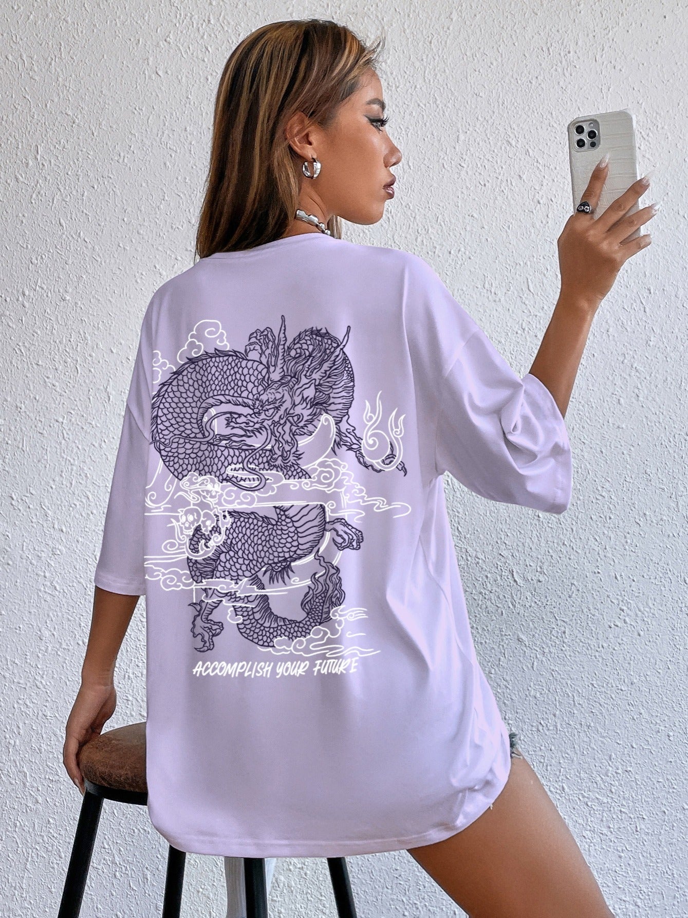 Sixsr Casual Crew Neck Dragon Print Short Sleeve Loose Fashion Summer T-shirt, Women's Clothing