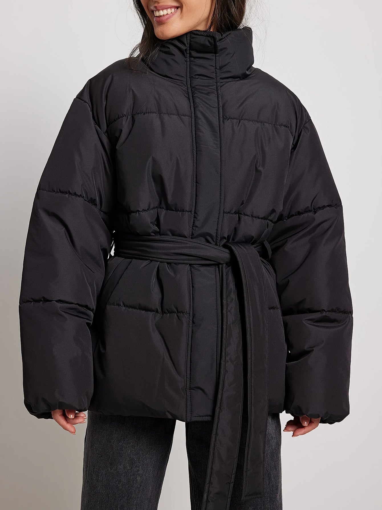 Sixsr Solid Zip & Button Front Coat, Casual Stand Collar Long Sleeve Winter Warm Outerwear, Women's Clothing