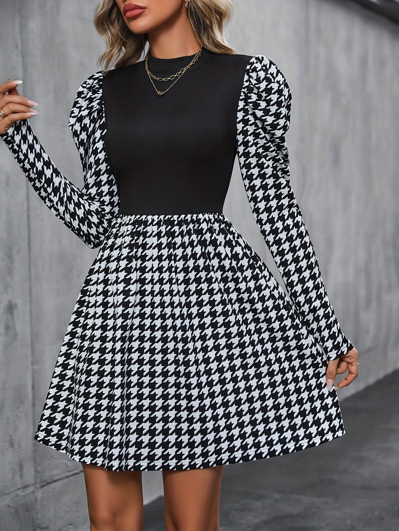 Sixsr Houndstooth Print Ruched Dress, Elegant Long Sleeve Mini Dress, Women's Clothing
