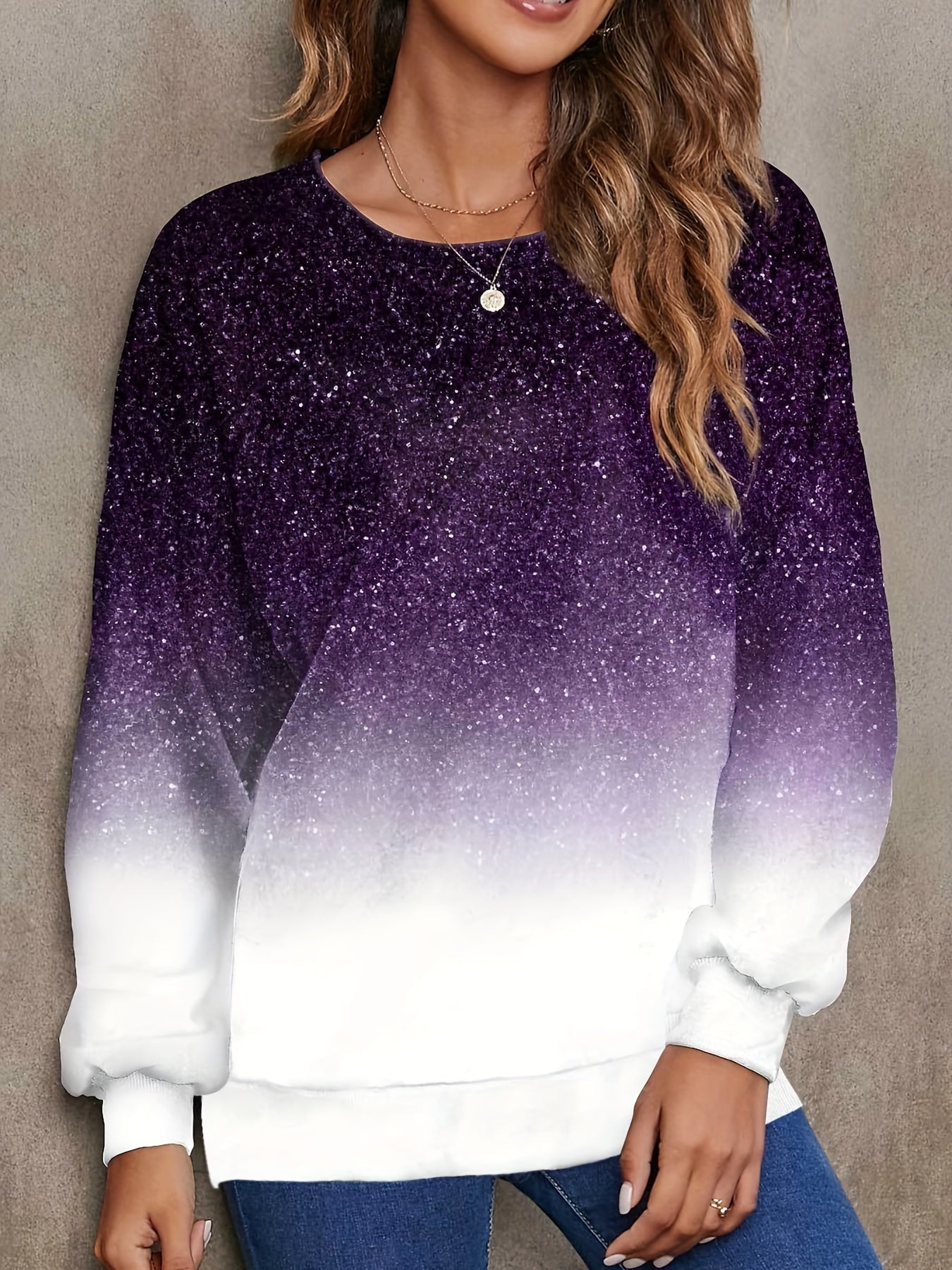 Sixsr Plus Size Casual Sweatshirt, Women's Plus Rhinestone Colorblock Long Sleeve Round Neck Slight Stretch Sweatshirt