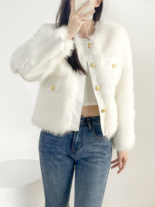 Sixsr Button Front Faux Fur Coat, Elegant Long Sleeve Coat For Fall & Winter, Women's Clothing