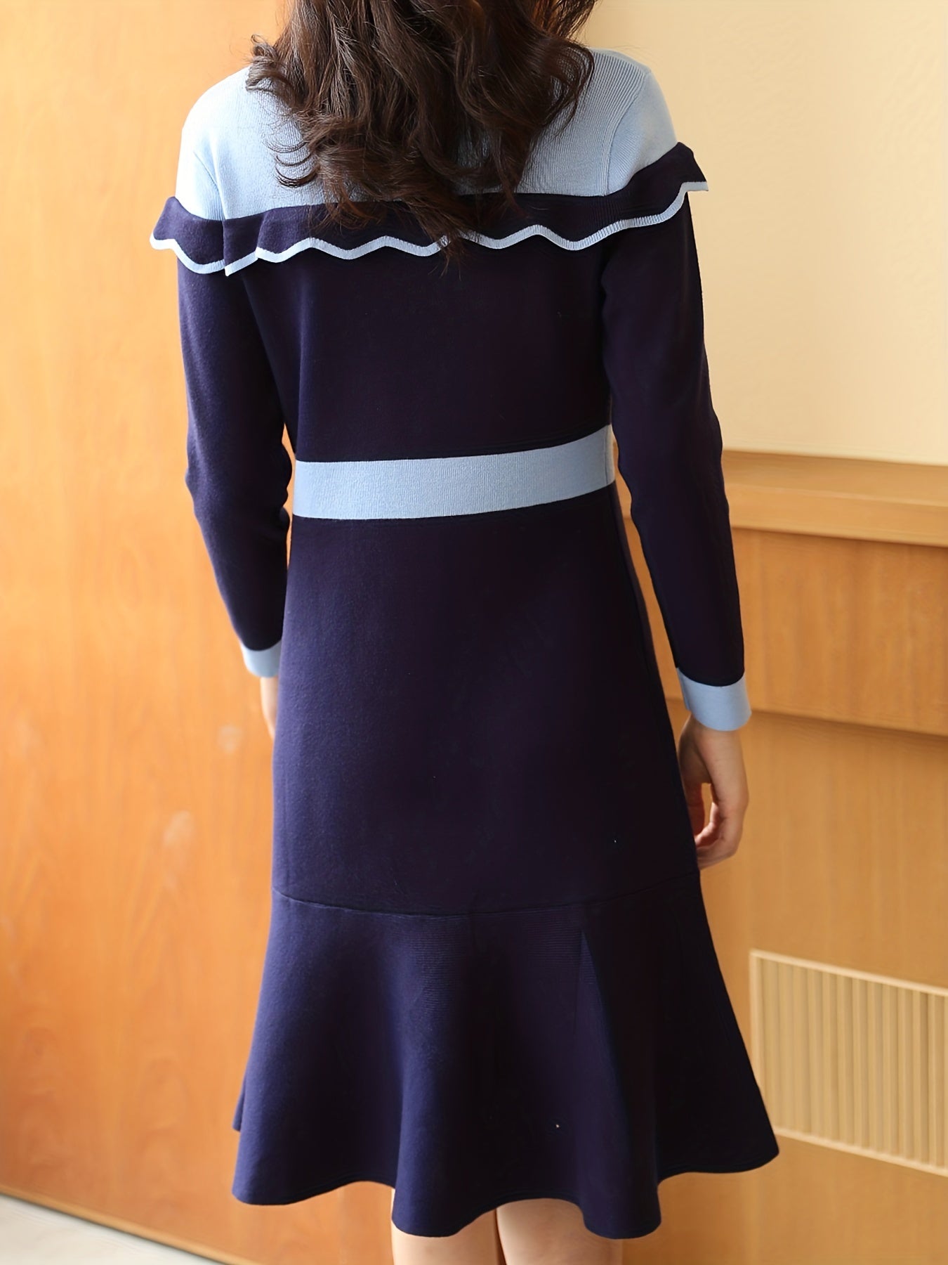 Sixsr Ruffle Trim Color Block Dress, Casual Crew Neck Long Sleeve Dress, Women's Clothing