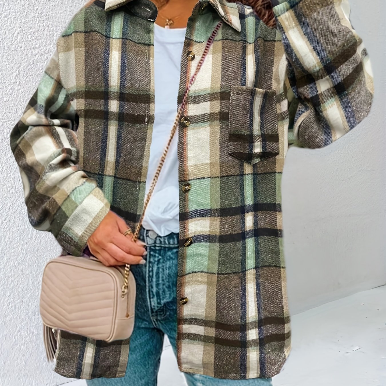 Sixsr Plaid Print Shacket Jacket, Casual Button Front Long Sleeve Outerwear, Women's Clothing