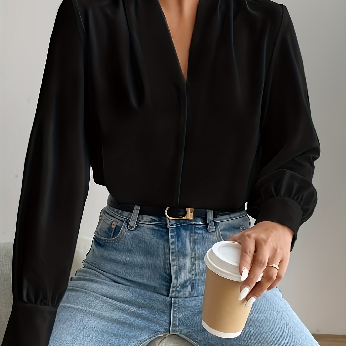 Sixsr Tucked Simple Blouse, Casual V Neck Long Sleeve Blouse, Women's Clothing