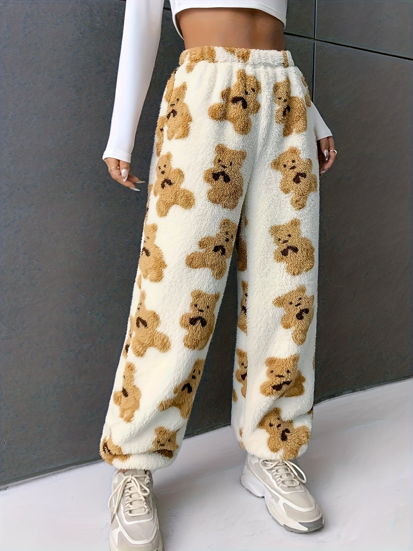 Sixsr Bear Pattern Plush Baggy Joggers, Casual High Waist Pants, Women's Clothing