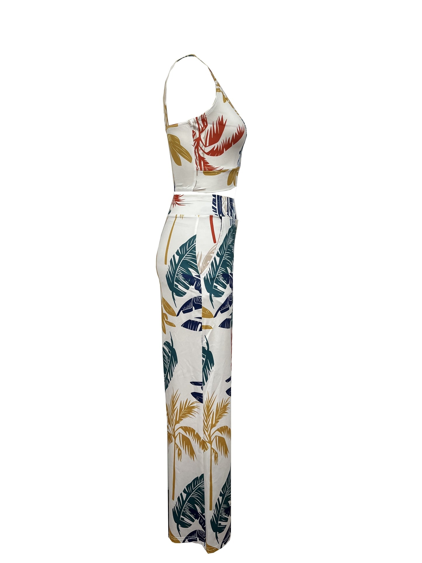 two-piece Plant Print Vacation Set - Women's V Neck Sleeveless Top & High Waist Wide Leg Pants Outfit for Comfortable and Stylish Summer Look