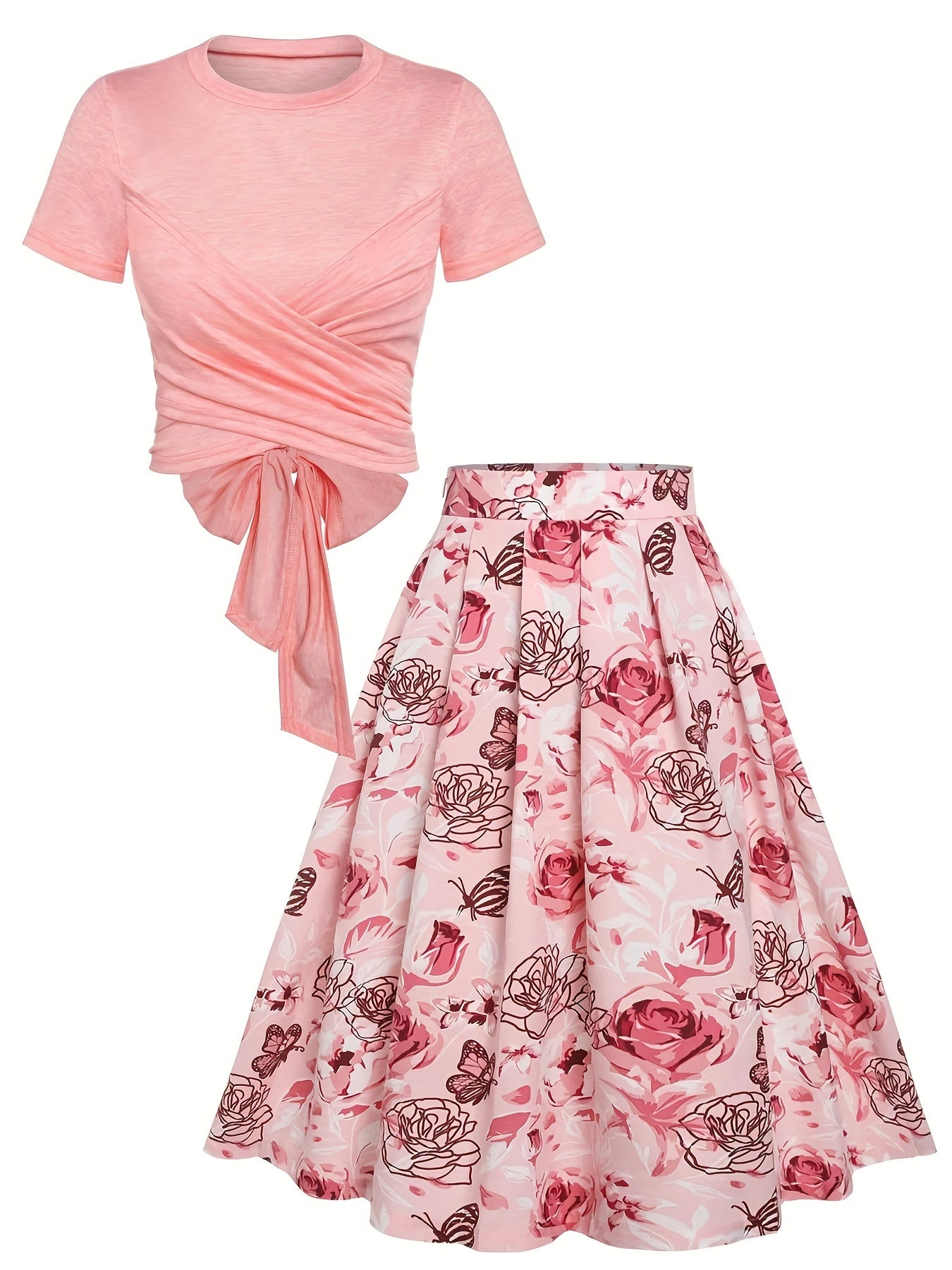 Women's Elegant Spring & Summer Two-piece Set - Floral Print Pleated Skirt & Knotted Short Sleeve Tee Outfit
