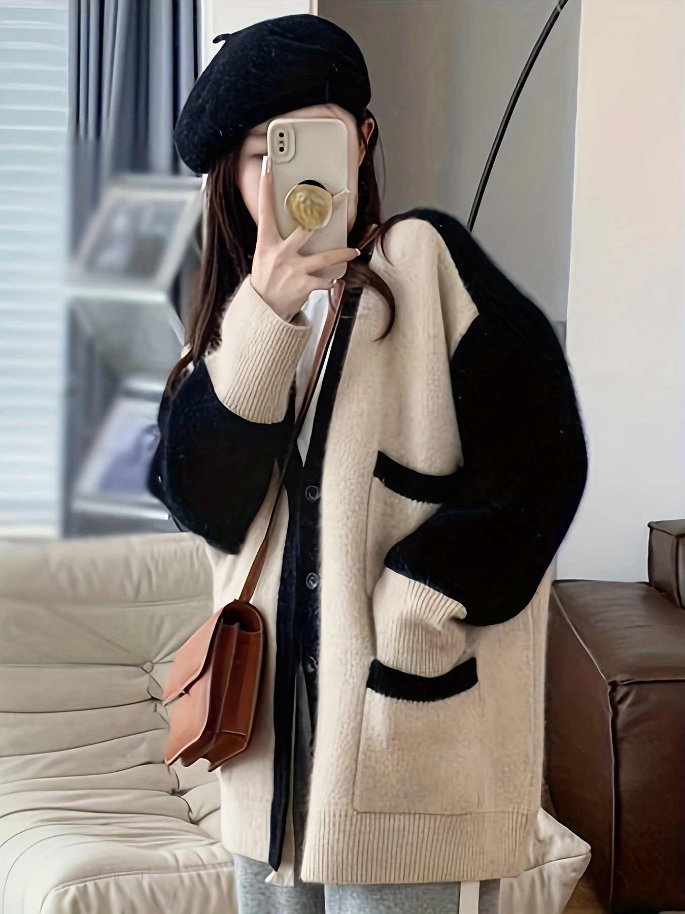 Sixsr Contrast Color Button Front Sweater Cardigan, Oversized V-neck Sweater For Fall & Winter, Women's Clothing