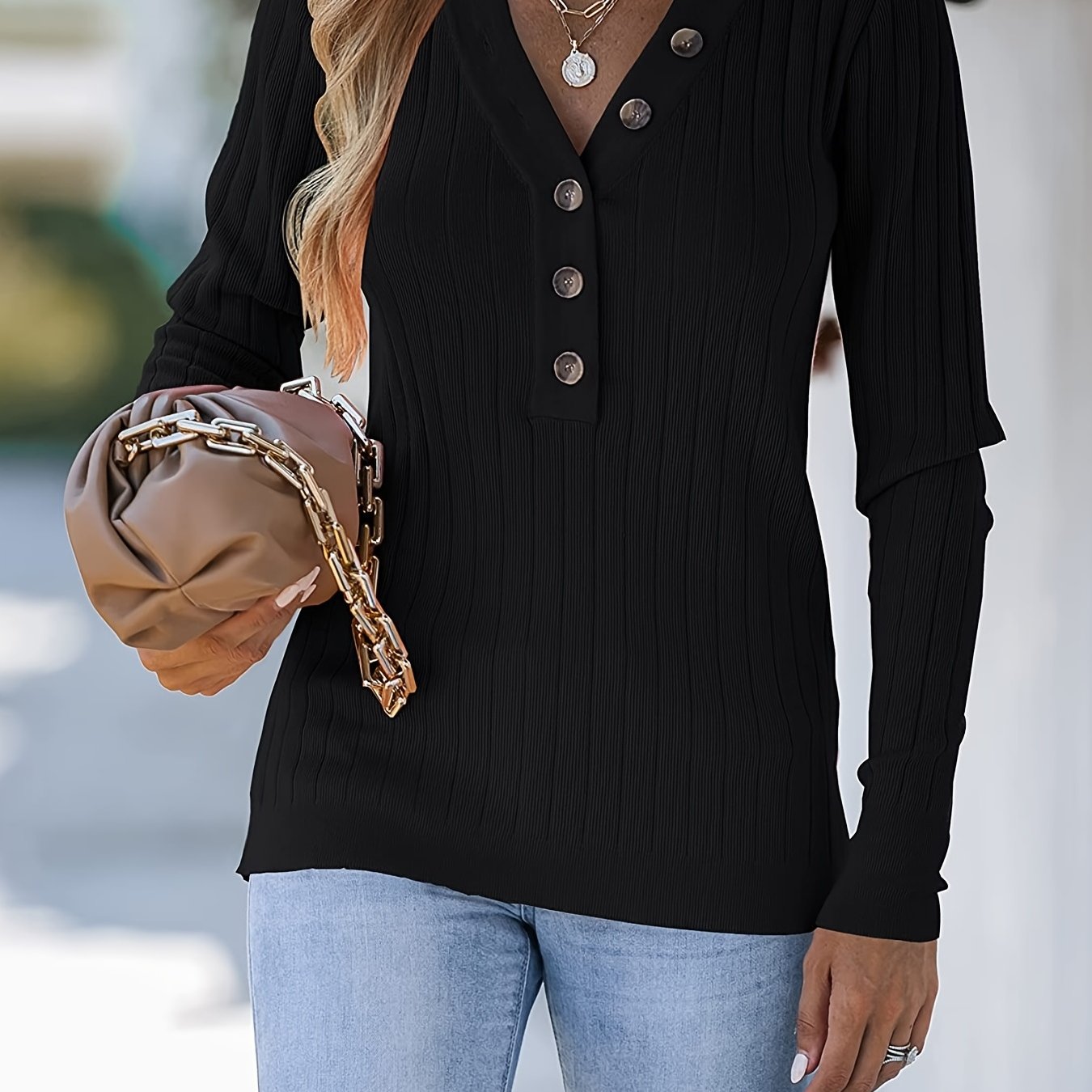 Sixsr Button Front V Neck Knit Sweater, Casual Long Sleeve Ribbed Sweater For Spring & Fall, Women's Clothing