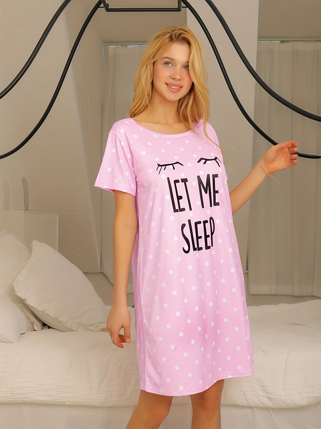 Sixsr Letter Print Polka Dot NightDress, Short Sleeve Crew Neck Pajama Dress, Women's Sleepwear & Dresses