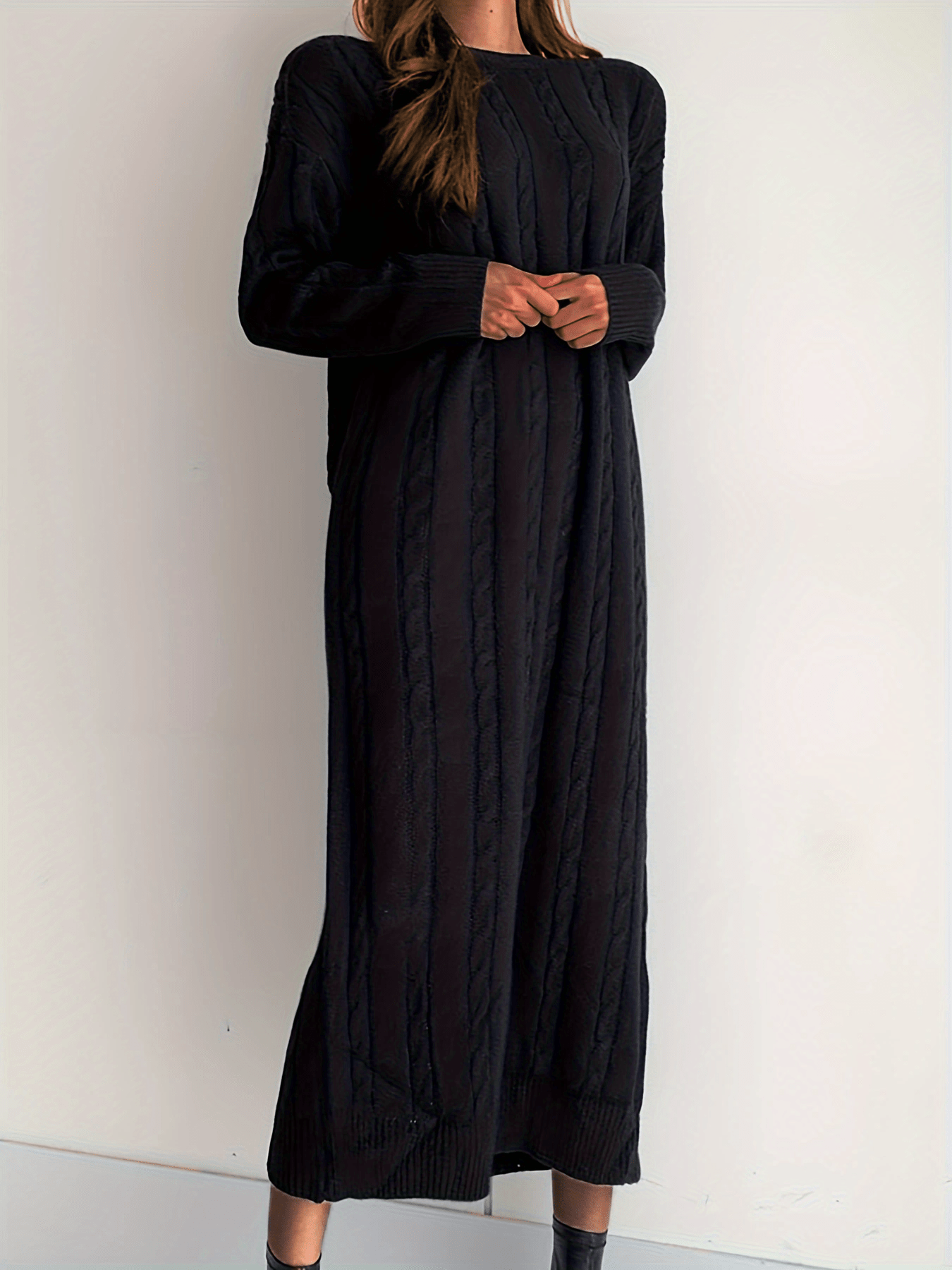 Sixsr Solid Cable Knit Sweater Dress, Casual Long Sleeve Midi Dress, Women's Clothing
