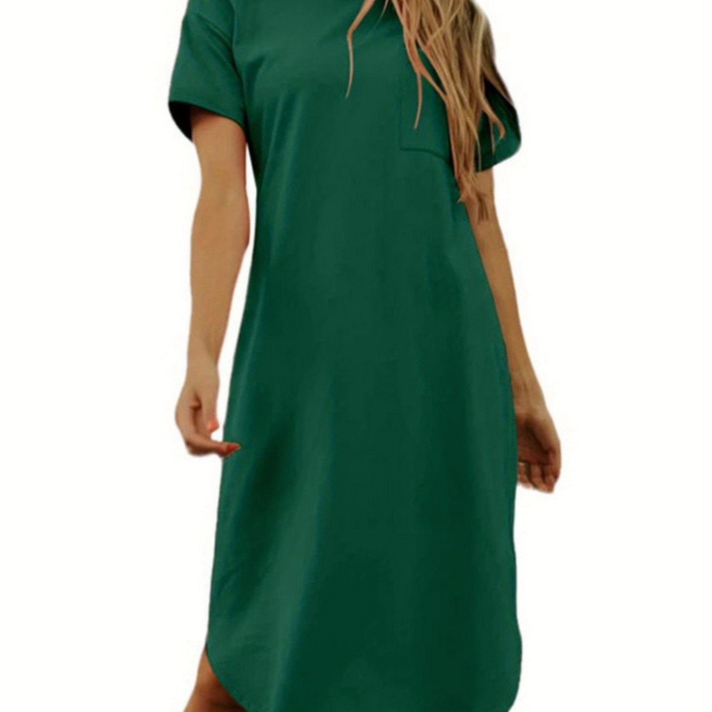 Sixsr Crew Neck Mid Length Dress, Short Sleeve Solid Summer Pockets Dresses, Women's Clothing