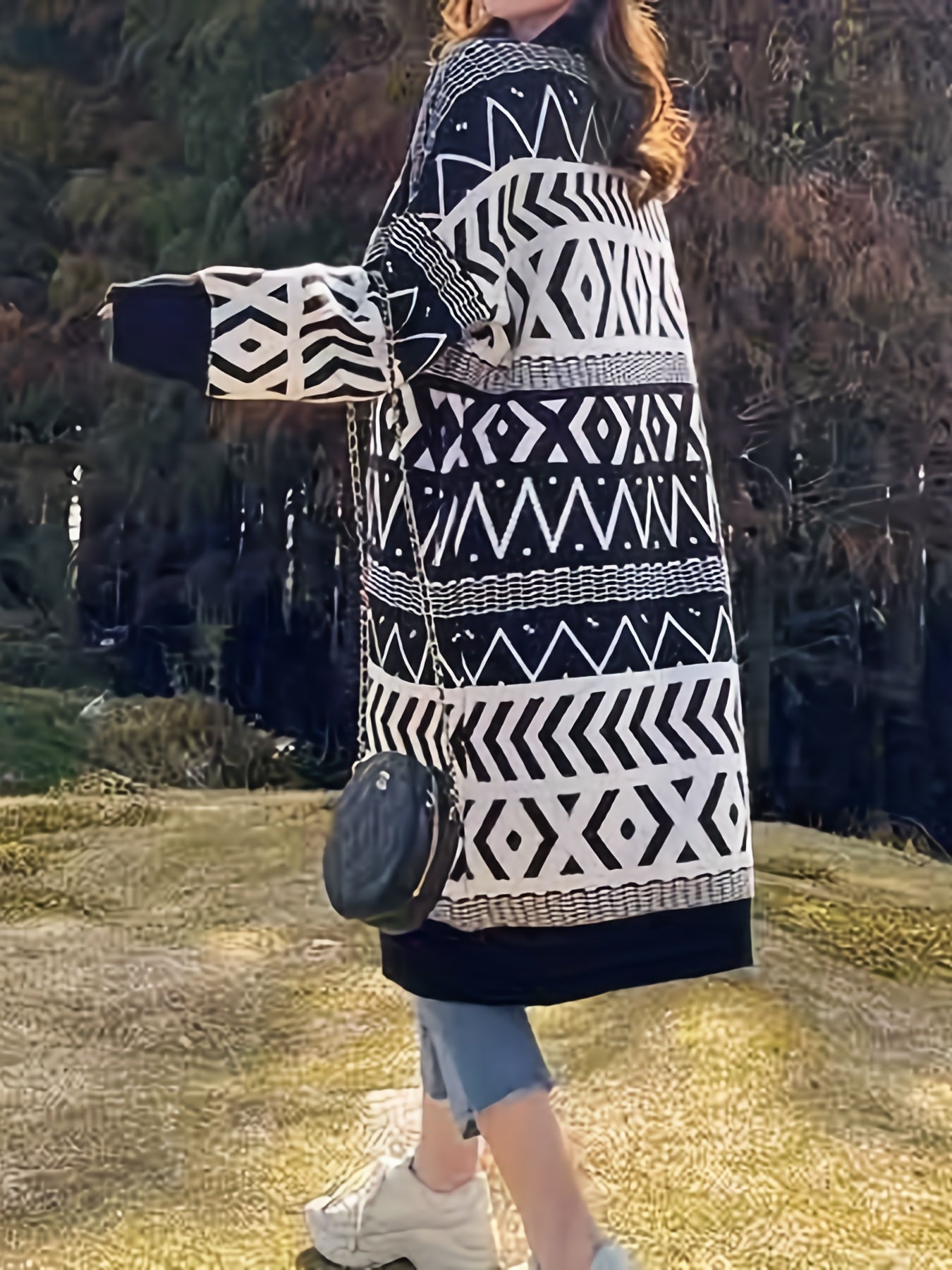 Sixsr Geo Pattern Open Front Knit Cardigan, Vintage Long Sleeve Mid Length Loose Sweater, Women's Clothing