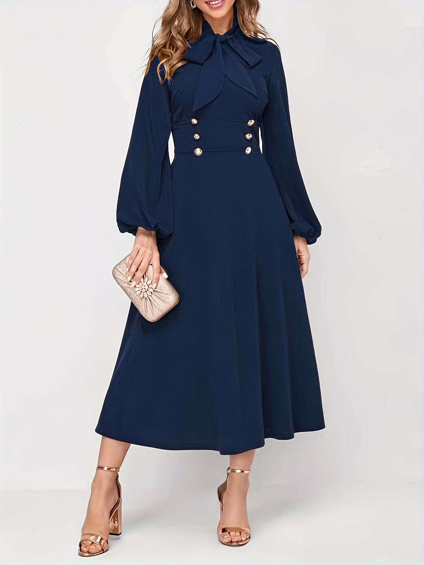Sixsr Solid Tie Neck Midi Dress, Elegant Lantern Long Sleeve Dress, Women's Clothing