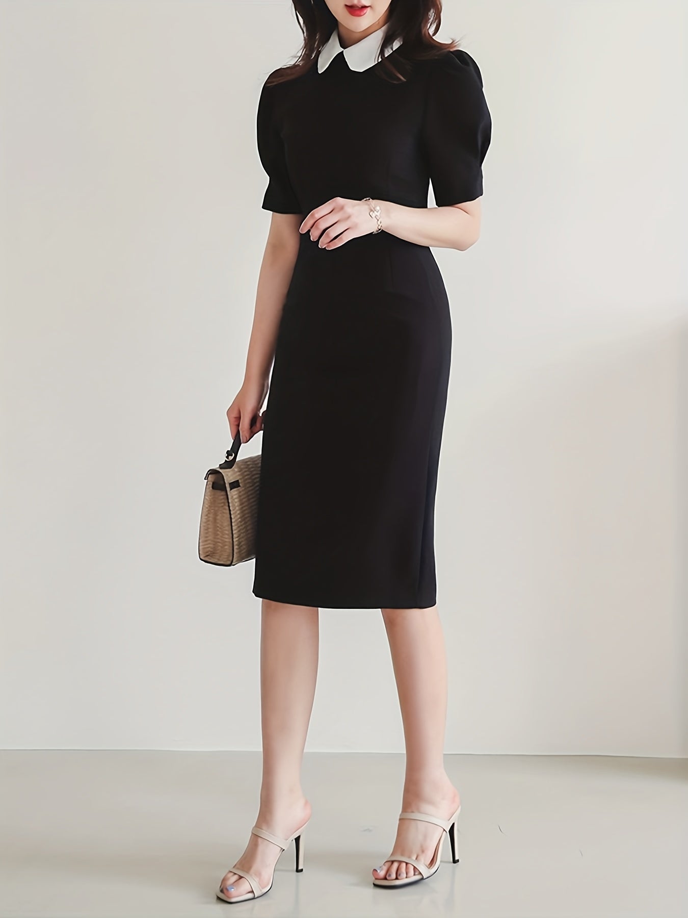 Sixsr Flat Collar Bodycon Dress, Elegant Short Sleeve Midi Dress, Women's Clothing