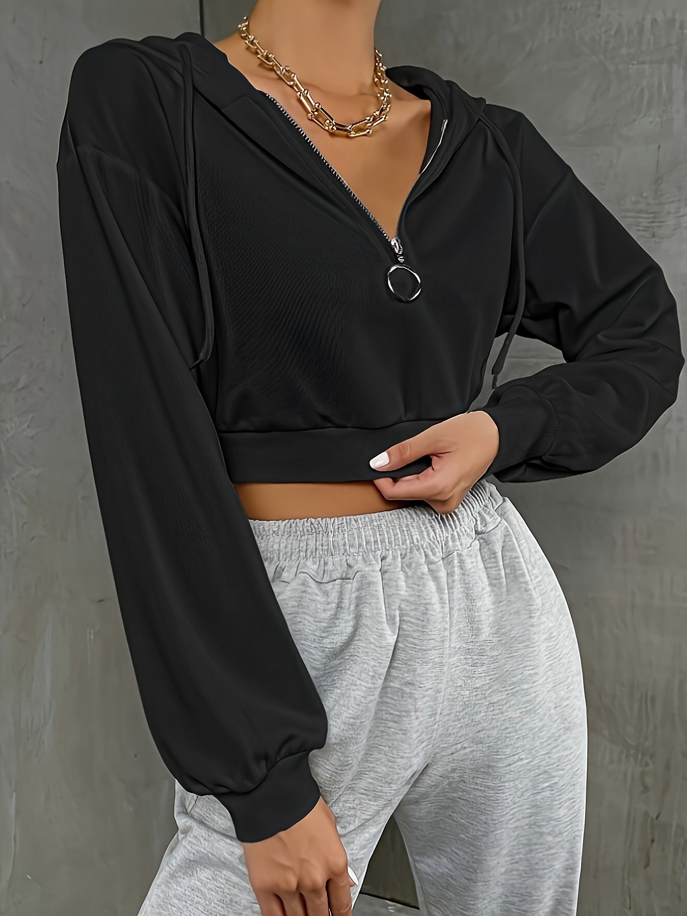 Sixsr Solid Zip Crop Hoodie, Casual Long Sleeve Drawstring Hoodies Sweatshirt, Women's Clothing